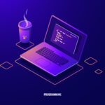Laptop with program code isometric icon, software development and programming applications dark neon vector